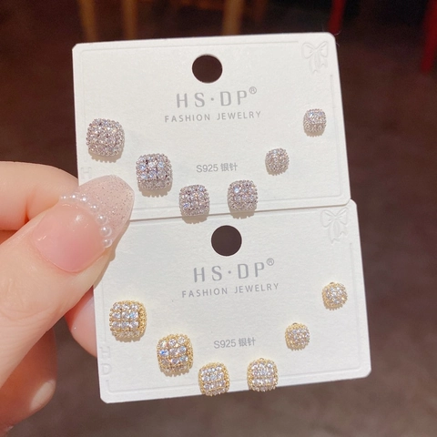 Geometric Square Rhinestone Stud Earrings Set Copper Jewelry With 925 Sterling Silver Earring Post For Women Daily Office