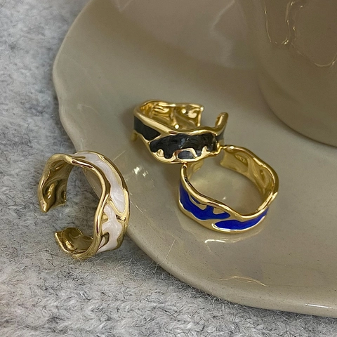 Unregelmäßiger Wellenring Kupfer Vergoldet Emaille Tropfendes Öl Verstellbar Vintage Lava Stil Schmuck Für Damen