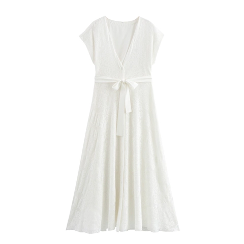 Women White Lace Maxi Dress V Neck Short Sleeve Elegant French Style Waist Tie Jacquard A-Line