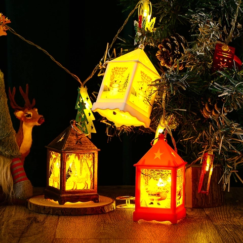 Lanterna LED Di Natale Decorativa Sospesa Lampada A Vento Luminosa In Plastica Retro Stella Babbo Natale Pupazzo Di Neve Renna Ornamento