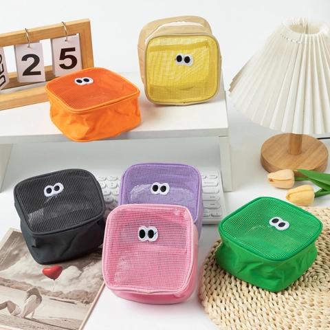 Cute Cartoon Big Eyes Mesh Makeup Bag Nylon Square Cosmetic Pouch Portable Travel Toiletry Storage Organizer