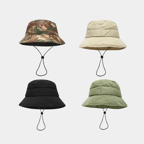 Quilted Bucket Hat Winter Warm Down Style Windproof Outdoor Puffy Fisherman Hat With Adjustable Chin Strap Vintage