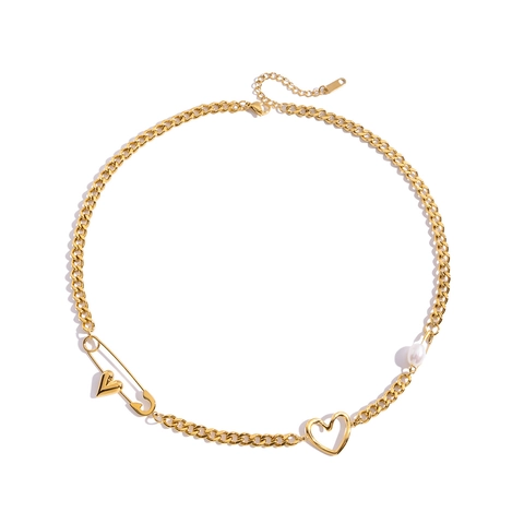 Collier Pendentif Cœur En Acier Inoxydable Plaqué Or 18K Avec Perle D'eau Douce Épingle De Sûreté Pour Femmes