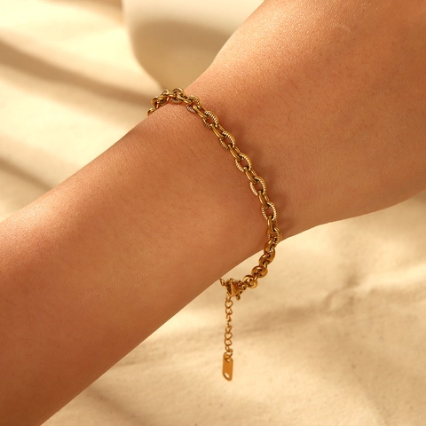 Textured O-Link Chain Bracelet 18K Gold Plated Stainless Steel Adjustable Hand Jewelry For Women Trendy Ins Style