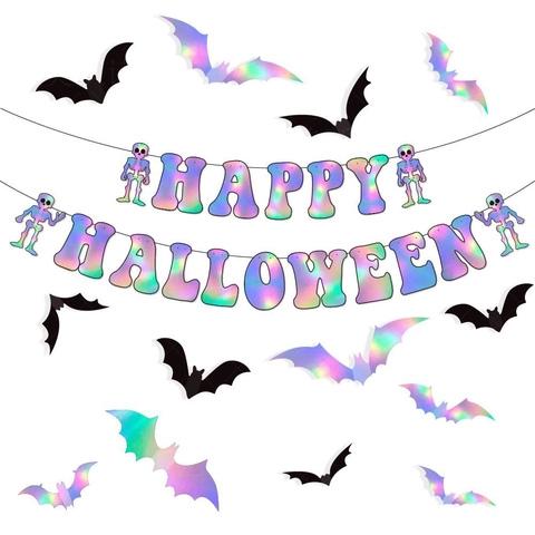 Halloween Banner Fledermaus Aufkleber Holographisches Laserpapier Party Deko Geisterhaus Wanddekoration Totenkopf Elemente