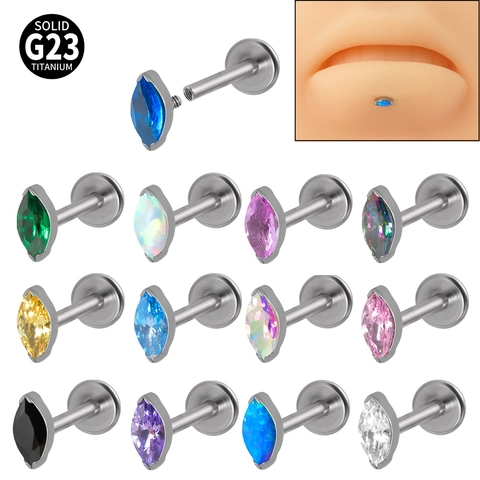Marquise Cut G23 Titanium Labret Stud Lip Ring Earring Internally Threaded Opal Zircon Piercing Jewelry For Women Men