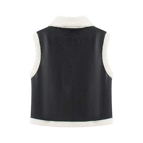 Gilet in Finta Pelle Foderato in Pile Casual da Donna Inverno Revers Senza Maniche Capospalla Tasca Bicolore Calda Giacca