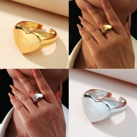 Chunky Heart Open Ring Copper Gold Silver Plated Adjustable Mirror Polished Minimalist Fashion Jewelry For Women