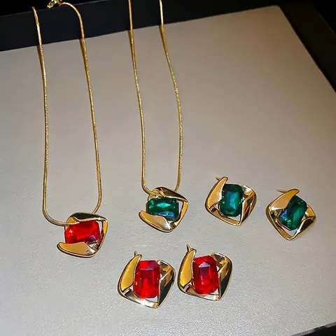 Gioielli Eleganti Retrò Per Donna Con Pietre Preziose Rettangolari Lega Acciaio Inossidabile Collana E Orecchini Argento