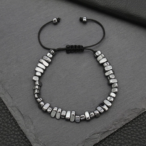 Men Beaded Bracelet Natural Irregular Hematite And Stainless Steel Handwoven Adjustable Braided Rope Jewelry