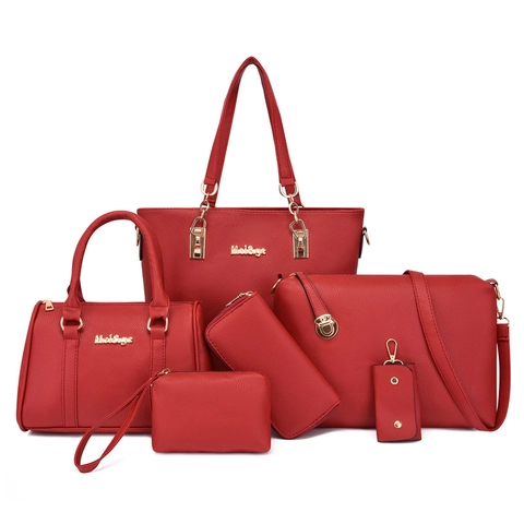 Women Fashion Litchi Grain PU Leather Tote Handbag Shoulder Bag Wallet Clutch Key Holder Solid Color Retro Style