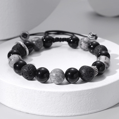 Natural Lava Stone Map Stone Snowflake Stone Beaded Bracelet Adjustable Braided Rope Vintage Handmade Jewelry Unisex