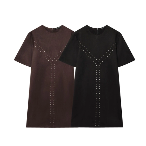 Women Short Sleeve Suede Texture Dress Rivet Detail Round Neck Solid Color Elegant Minimalism Fashion Dress