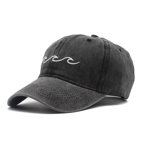 Washed Cotton Baseball Cap Wave Embroidery Vintage Distressed Dad Hat Adjustable Outdoor Sport Sun Hat For Men Women