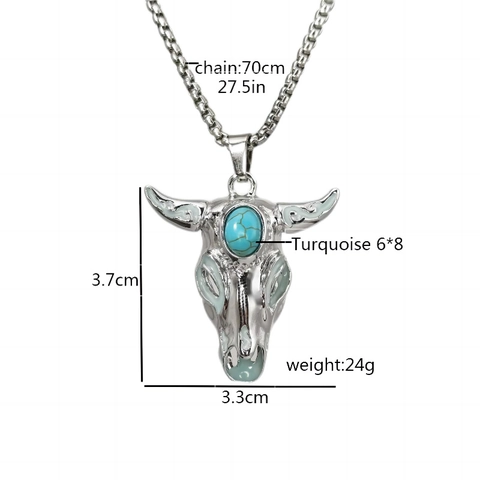 Bull Head Skull Pendant Necklace Stainless Steel Turquoise Glow In The Dark Retro Gothic Punk Animal Jewelry Men Women