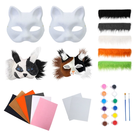 DIY Cat Mask Pulp Hand Painted Halloween Party Cosplay Animal Fox Face Costume Accessory