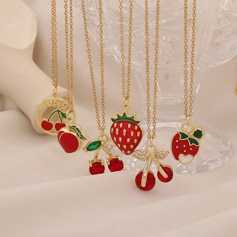 Collana Con Ciondolo Frutta Carina Rame Acciaio Inossidabile Ciliegia Rossa Fragola Pesca Gioielli Per Donne