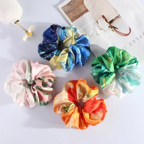 French Satin Scrunchie Hair Tie Oil Painting Print Floral Elastic Ponytail Holder Elegant Accessory For Women Girls