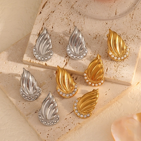 Flame Leaf Stud Earrings Stainless Steel 18K Gold Plated With Rhinestone And Faux Artificial Pearl Vintage Textured Wave For Women