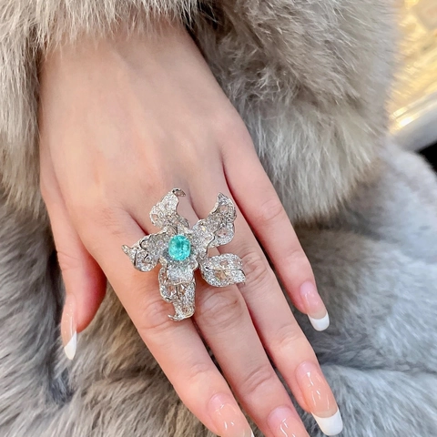 Anello Regolabile Forma Fiore Rame Zircone Intarsiato Pietra Preziosa Blu Verde Gioielli Lusso Dichiarazione Per Donne