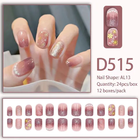 Press On Nails Gradient Purple Champagne Gold Glitter Artificial Pearl Snowflake Winter Elegant Sweet False Nails For Women