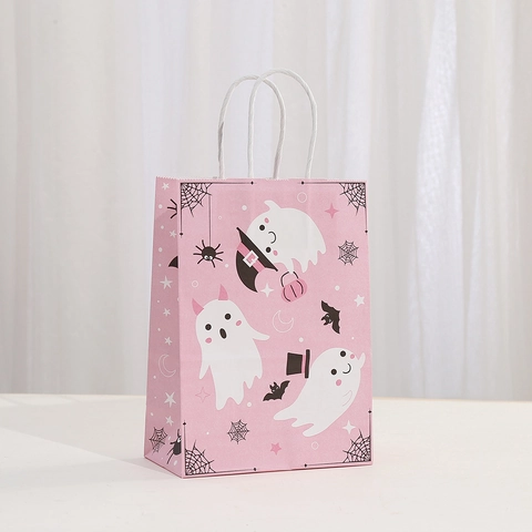 Halloween Gift Bags Cartoon Ghost Pumpkin Printed Paper Bags For Party Candy Treat Favors Pink Black Kraft Paper Handle Bags