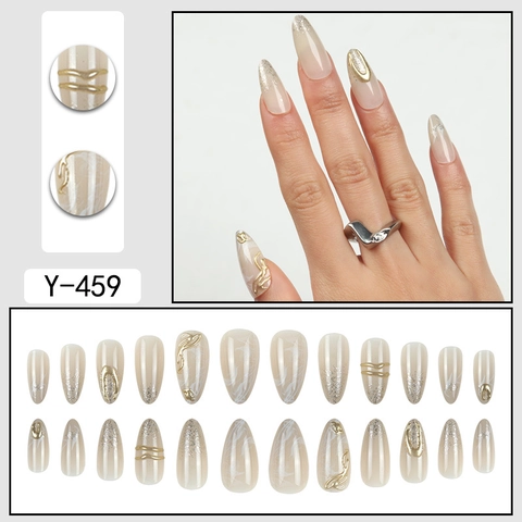 Uñas Postizas Press On Almendra Larga Rosa Nude Mármol Degradado Oro 3D Relieve Líneas Brillo Uñas Para Mujeres