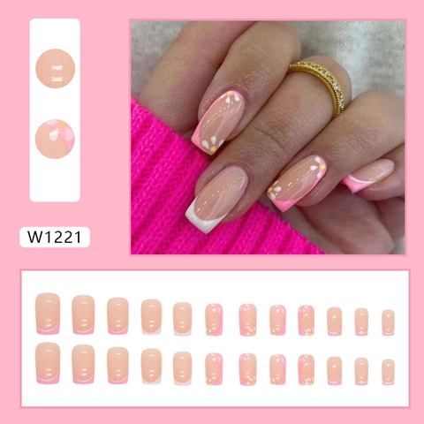 French Tip Daisy Flower Press On Nails Mid Long Square Fake Nails Sweet Girly Pink White Glossy Art Manicure Decor