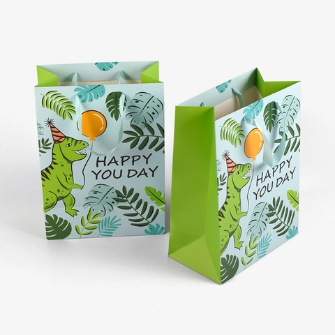 Sacchetto Regalo in Carta con Dinosauro Cartone Animato Con Manico in Nastro di Raso Motivo Foglie Tropicali per Feste Bambini