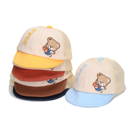 Baby Cartoon Bear Embroidery Baseball Cap Breathable Mesh Back Adjustable Short Brim Sun Hat For 1-2 Year Old Toddler