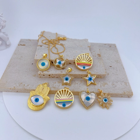 Evil Eye Pendants Gold Plated Copper Shell Cubic Zirconia Enamel For Jewelry Making Hamsa Hand Heart Star Sun DIY Accessory