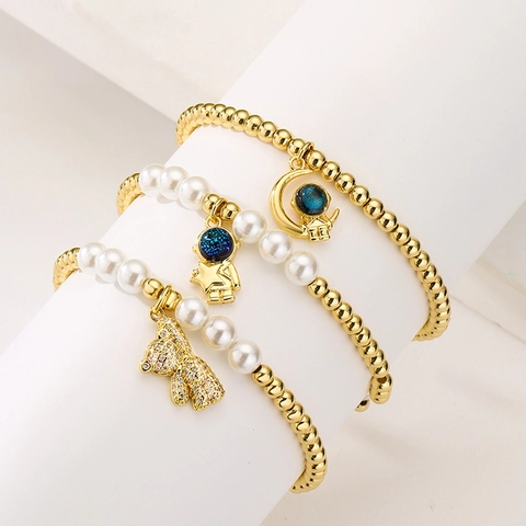 Bracciale Di Perline In Rame Placcato Oro Con Imitazione Perla Artificial Astronauta Orso Ciondolo Gioielli Di Moda Per Donne