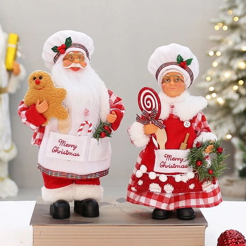 Christmas Santa Claus And Mrs Claus Chef Figures Desktop Ornaments Fabric Plastic Gingerbread Man Candy Cane Festive