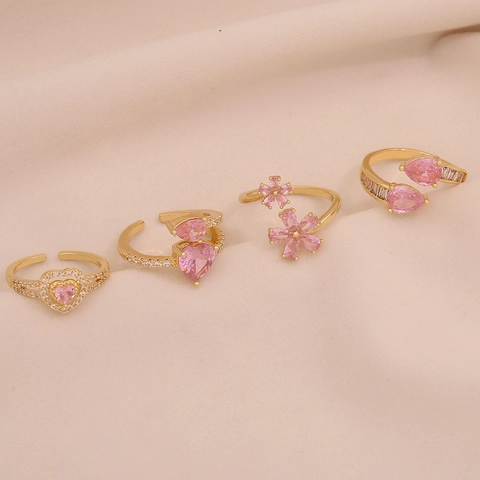 Women Open Adjustable Ring Copper Gold Plated With Pink Cubic Zirconia Heart Bow Flower Elegant Jewelry