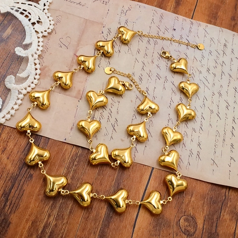 Heart Jewelry Set Necklace And Bracelet Stainless Steel Gold Plated French Minimalist Style For Women