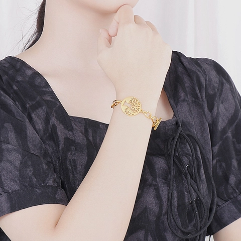 Bracciale Albero Della Vita Acciaio Inossidabile Ciondolo Tondo Cavo Chiusura A Commutazione Gioielli Stile Europeo Donna