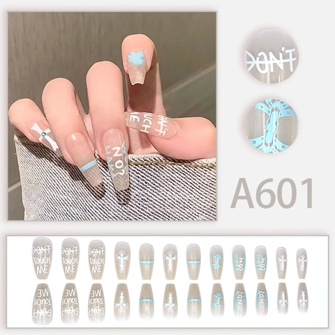 Press On Nägel Lange Sargform Transparent Nude Blau Blume Kreuz Muster Textdruck Abnehmbare Mode Für Frauen