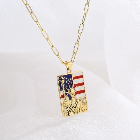Collar Con Colgante Rectangular Estatua De La Libertad Cobre Bañado En Oro Esmalte Bandera Circón Cadena De Clip Para Mujer