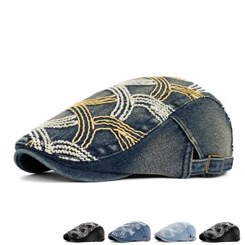 Gewassen Denim Platte Pet Retro Britse Stijl Golflijn Borduurwerk Verstelbare Metalen Gesp Dames Baret