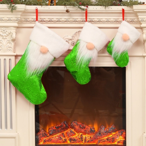 Calze di Natale con Paillettes Gnomo Bambola di Peluche Sacchetti Regalo Camino Albero di Natale Decorazioni Appese per Festa Casa
