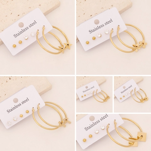 Golden Stainless Steel Hoop And Stud Earrings Heart Star Cross Flower Rhinestone Charms For Women Individual Trendy Style