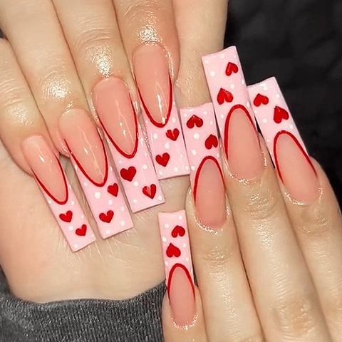 Faux Ongles Carrés Longs Base Rose Motif Coeur Rouge Pointes Françaises Pois Blancs Ongles Artificiels Femmes Saint-Valentin