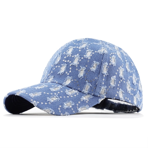Casquette De Baseball En Denim Vieilli Avec Paillettes Argentées Protection Solaire Vintage Chapeau Réglable Pour Femme