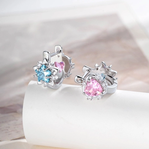 Star Heart Zircon Ear Cartilage Hoop Earrings With 925 Sterling Silver Earring Post Asymmetric Blue Pink Jewelry For Women