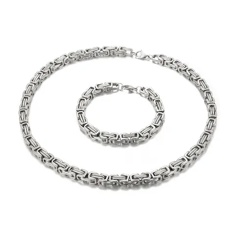 Collar Y Pulsera De Cadena Bizantina Acero Inoxidable Punk Hip Hop Grueso Eslabón Cuadrado Para Hombres Color Plata