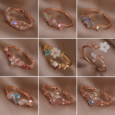 Luxus Kupfer Muschel Blume Schmetterling Verstellbarer Offener Ring Für Damen Koreanischer Stil Strass Künstliche Perle Floral Schmuck Fingerring Geschenk