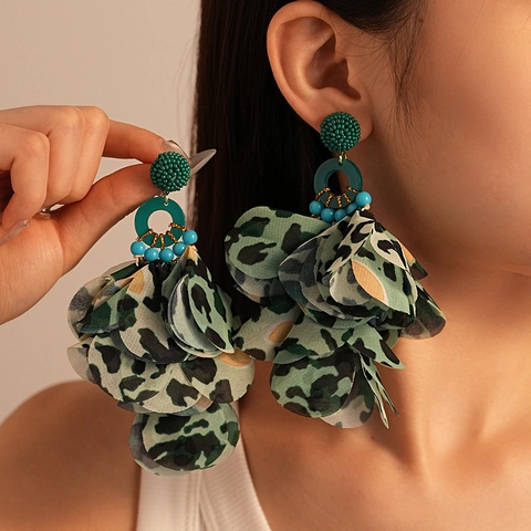 Bohemian Large Floral Drop Earrings Leopard Print Fabric Petals Resin Ring Seed Beads Silver Earring Post Women Vintage