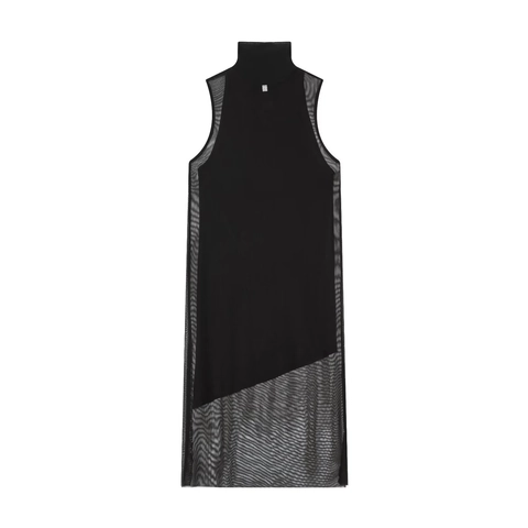 Damen Ärmelloses Maxikleid Mit Stehkragen Mesh-Patchwork Elegant Slim Fit Bodycon Asymmetrischem Saum Chic Schwarz