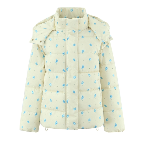 Women Hooded Quilted Jacket Floral Print Polyester Padded Winter Warm Retro Ethnic Style Cotton Coat Outerwear