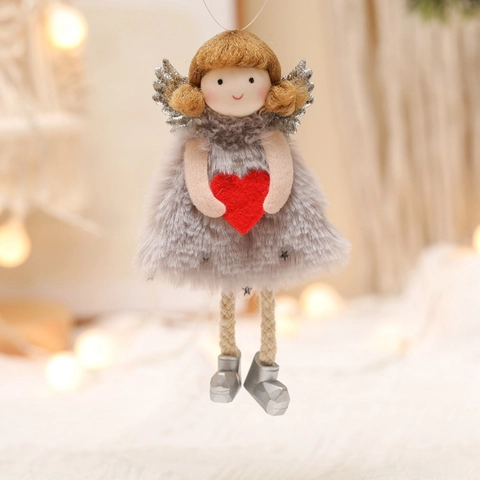 Christmas Angel Doll Hanging Ornament Plush With Red Heart Silver Sequin Wings Festive Xmas Tree Decor